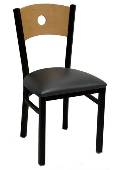 American Tables & Seating 77A-GR5, Wood Back With Circle Cutout, Metal Chair