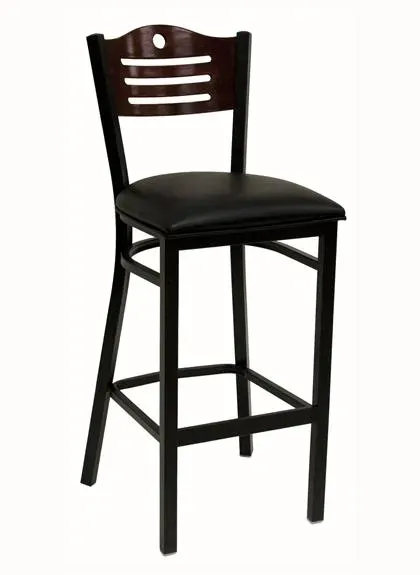 American Tables & Seating 77B-BS-BVS, Wood Back With Stripe Cutout, Metal Barstool, Black